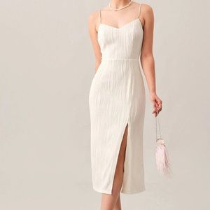 The Wave Textured White Pearl Strap Midi Dress Rihoas
